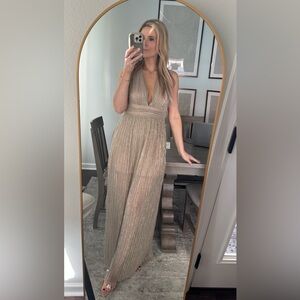 Solemio Metallic Gold Plunge V-Neck Prom Dress